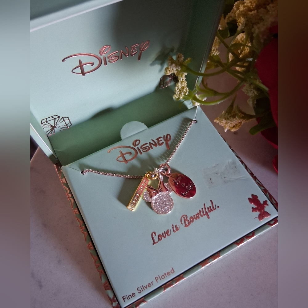 Goldtone Disney "Love Is Beautiful" Necklace with Minnie Mouse. Silver Plated.